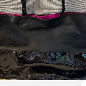 Calvin Klein NWOT Large Tote Bag black patten leather pink inside 19x13x4